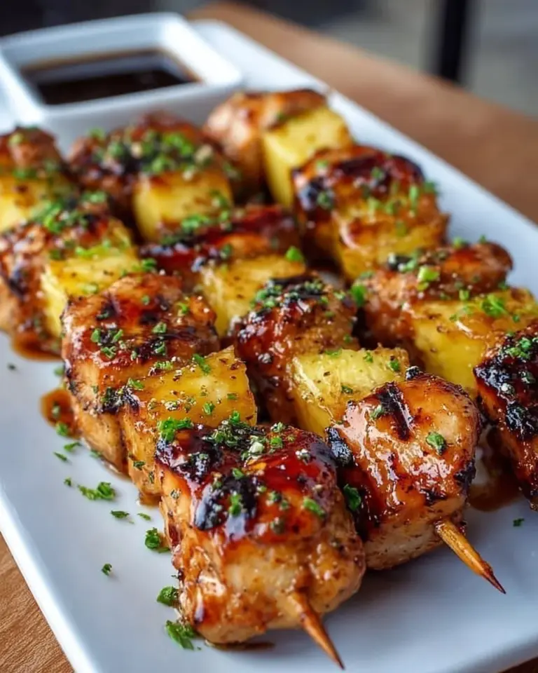 Grilled pineapple chicken kabobs with colorful veggies on skewers