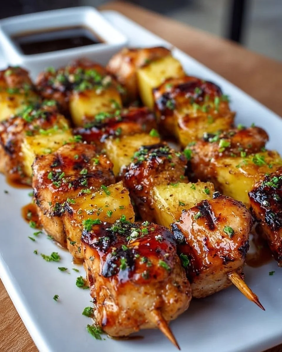 Grilled pineapple chicken kabobs with colorful veggies on skewers