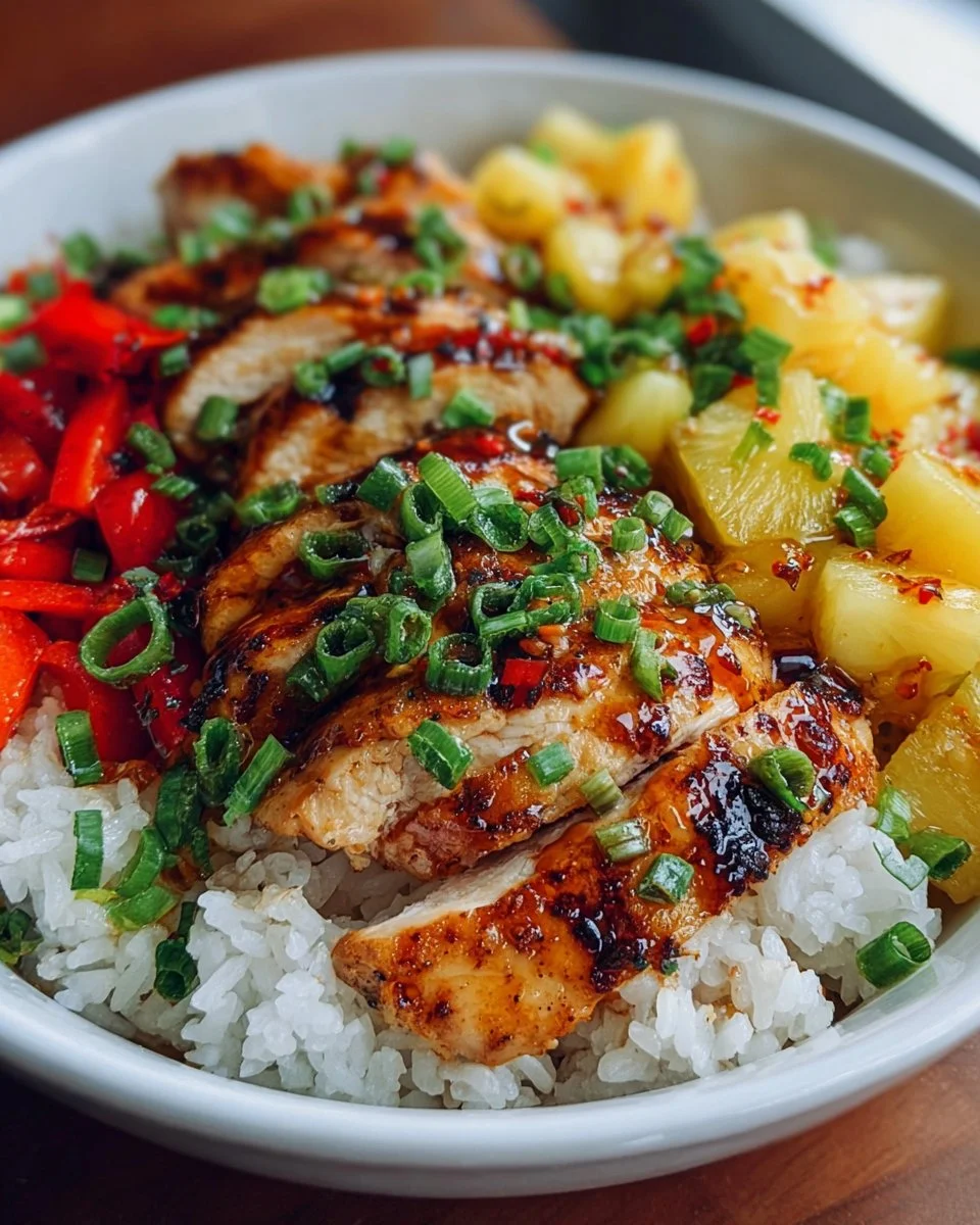 Delicious Pineapple Chicken Rice Bowl with fresh ingredients and vibrant colors.