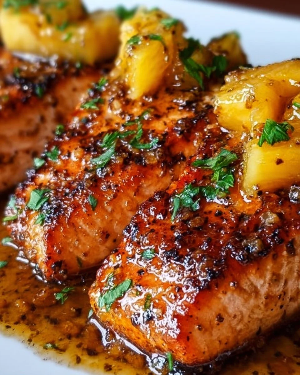 Delicious Pineapple Glazed Salmon garnished with fresh herbs on a plate