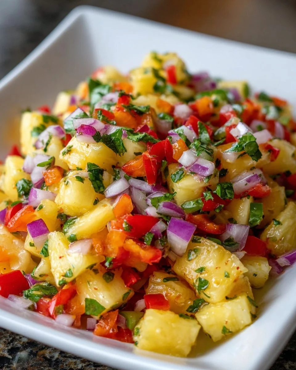 A vibrant bowl of pineapple salsa with fresh ingredients