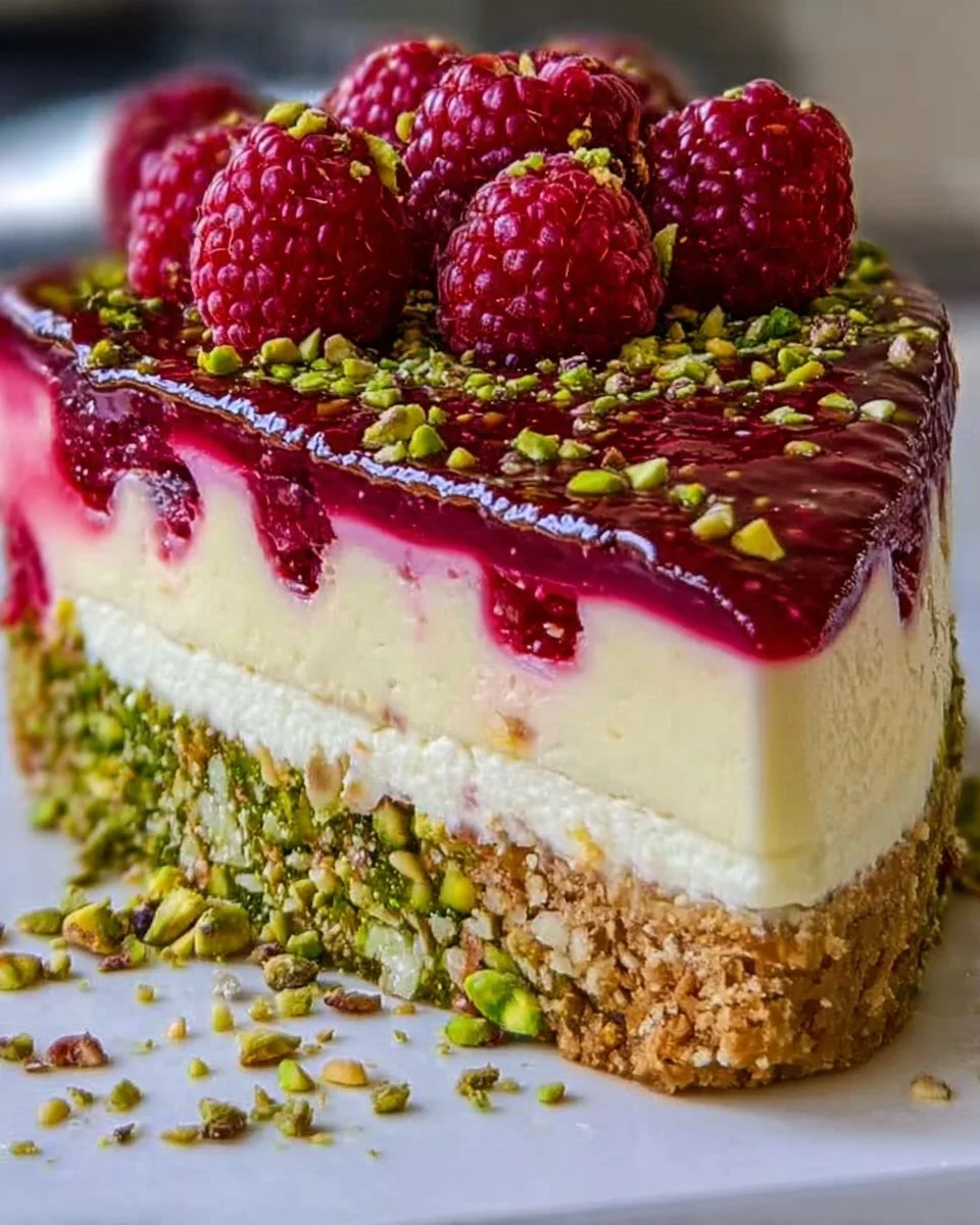 Slice of pistachio raspberry cheesecake topped with crunchy layers and fresh raspberries