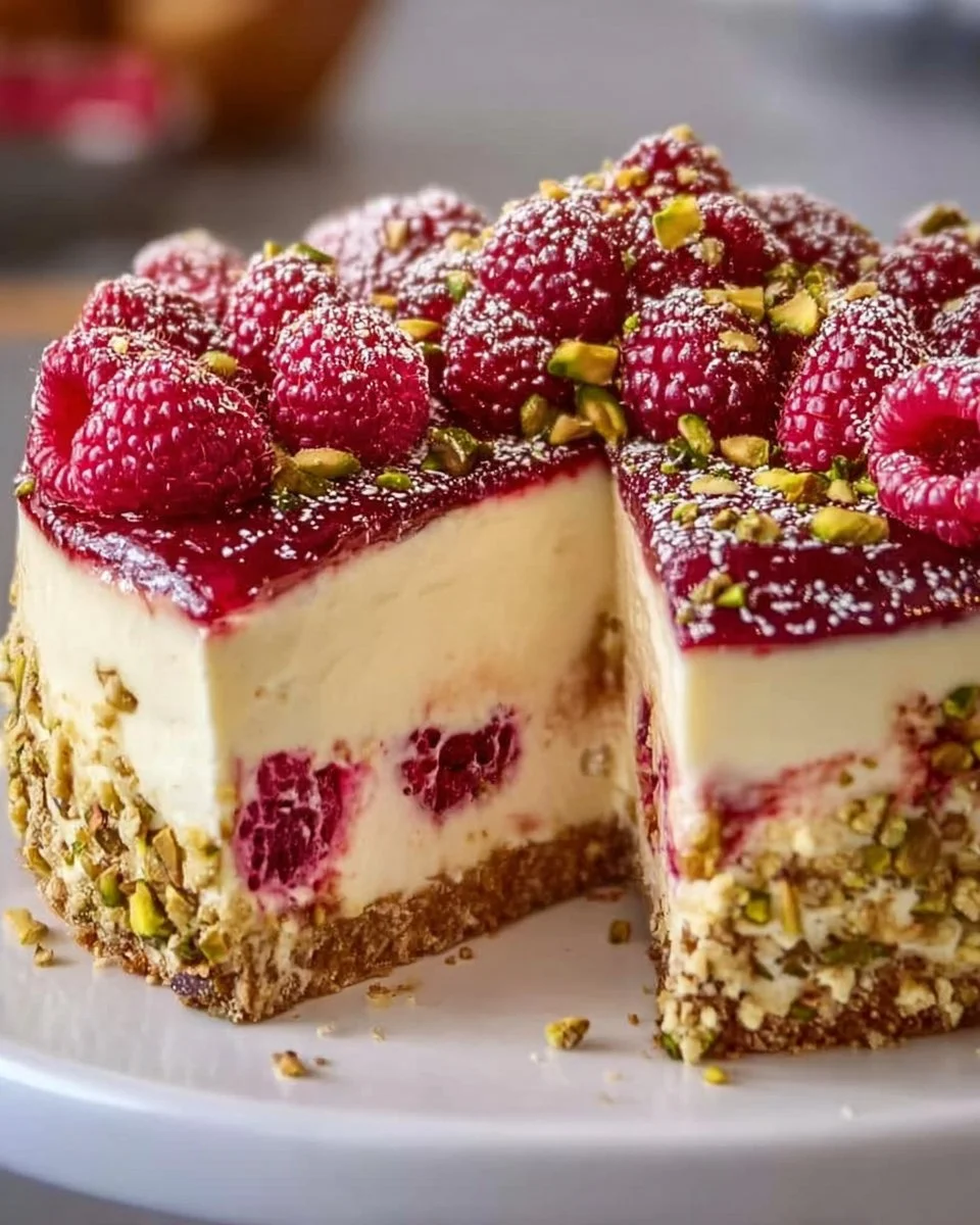 Slice of pistachio raspberry crunch cheesecake topped with fresh raspberries.