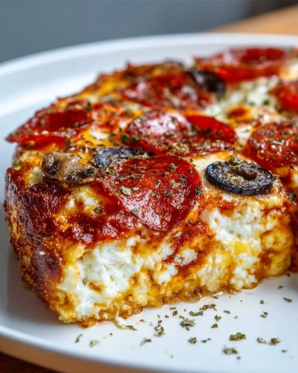 Deliciously baked Pizza Cottage Cheese Bake topped with fresh ingredients