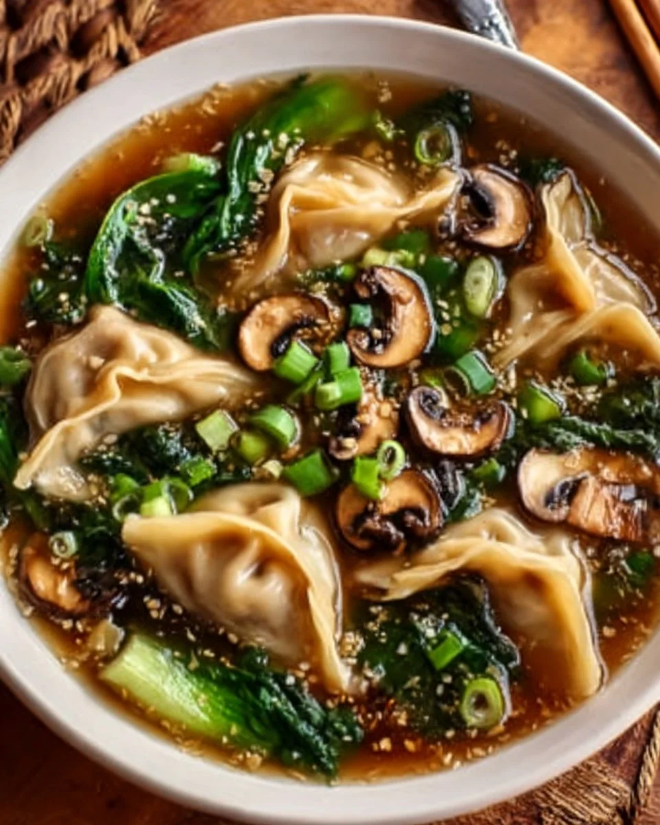 Delicious Potsticker Soup with mushrooms and bok choy in a bowl