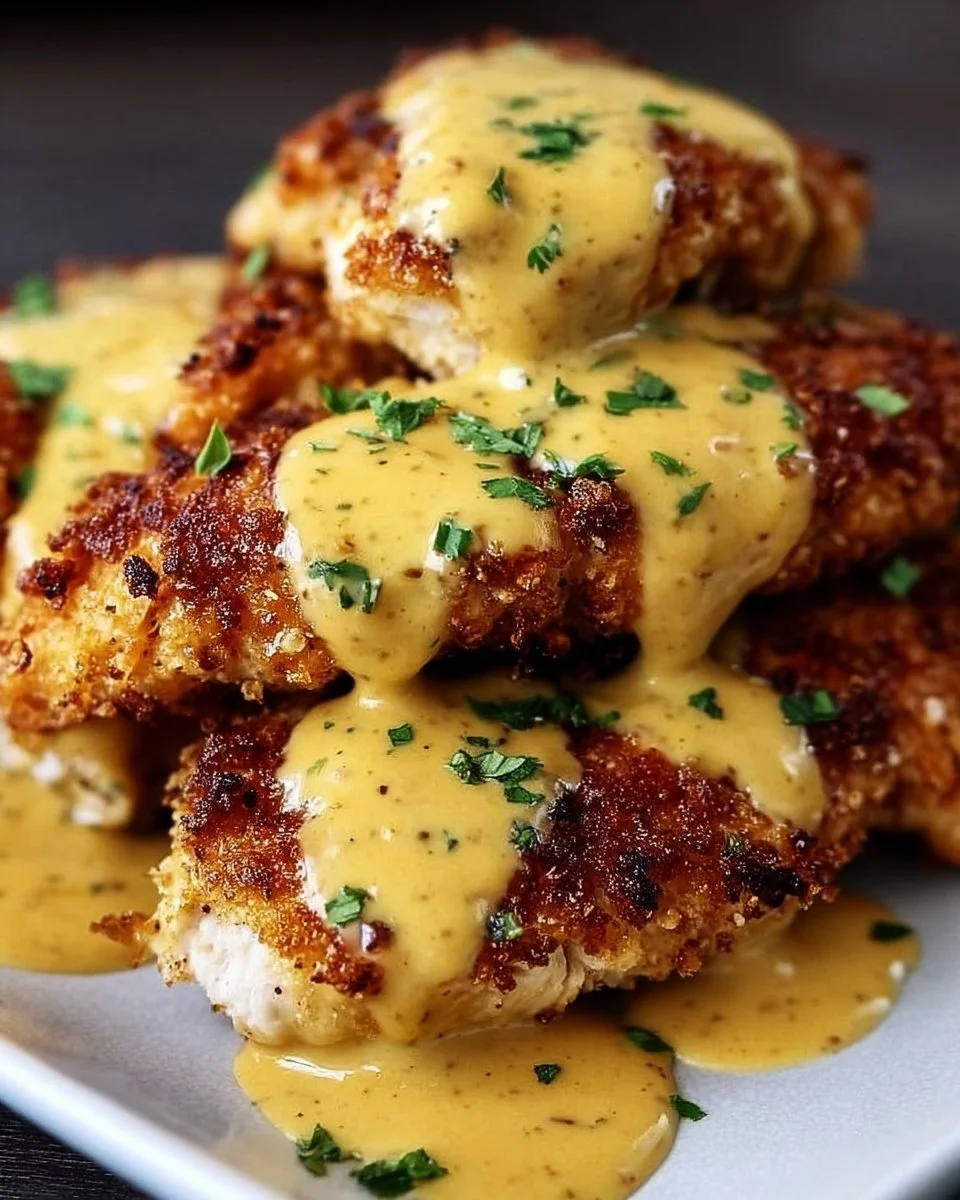 Pretzel Chicken topped with mustard-cheddar sauce on a white plate