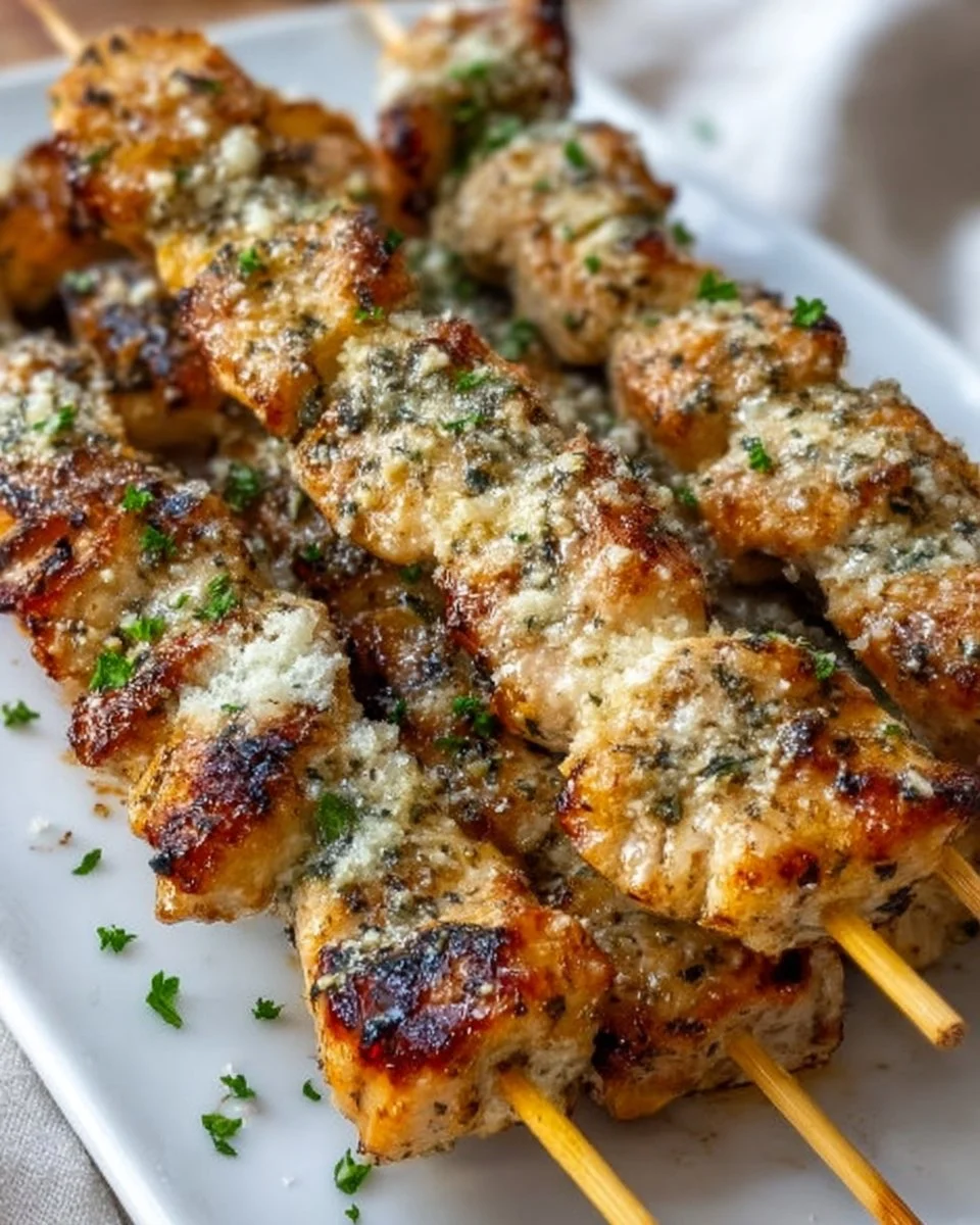 Ranch Garlic Parmesan Chicken skewers ready for grilling and serving.