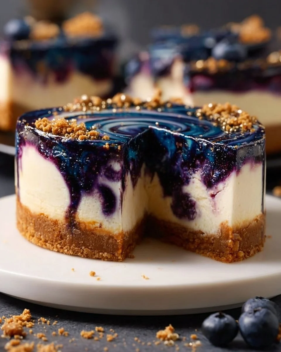 Ravenclaw Midnight Blueberry Cheesecake topped with fresh blueberries