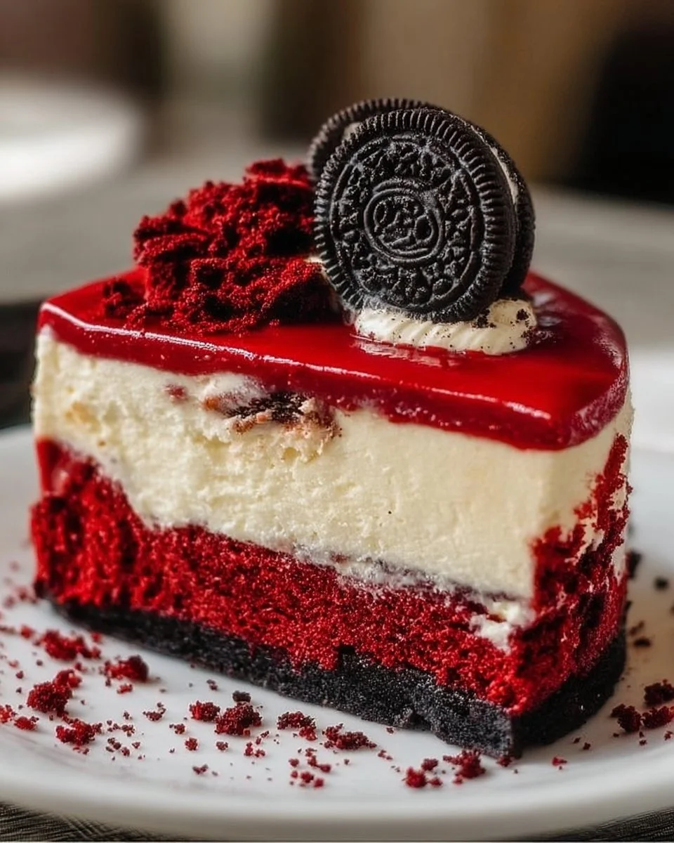 Delicious Red Velvet Cheesecake topped with Oreo cookies.