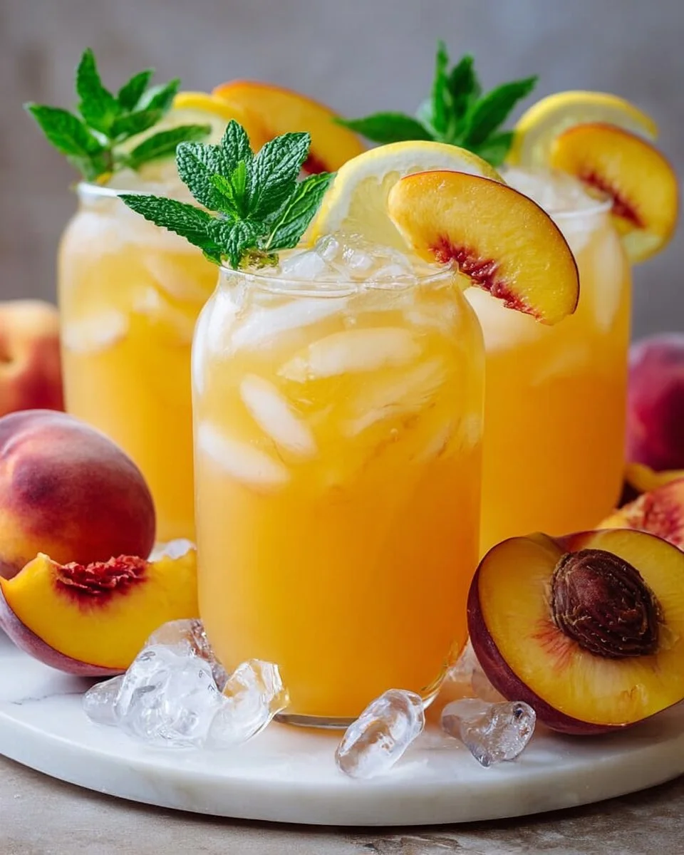 Glass of refreshing peach lemonade with fresh peaches and lemon slices