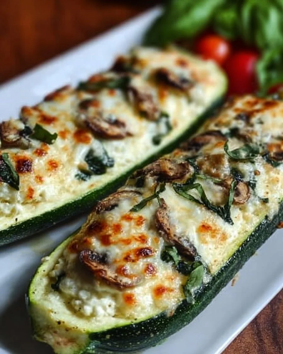 Ricotta-stuffed zucchini boats filled with creamy filling and topped with herbs.