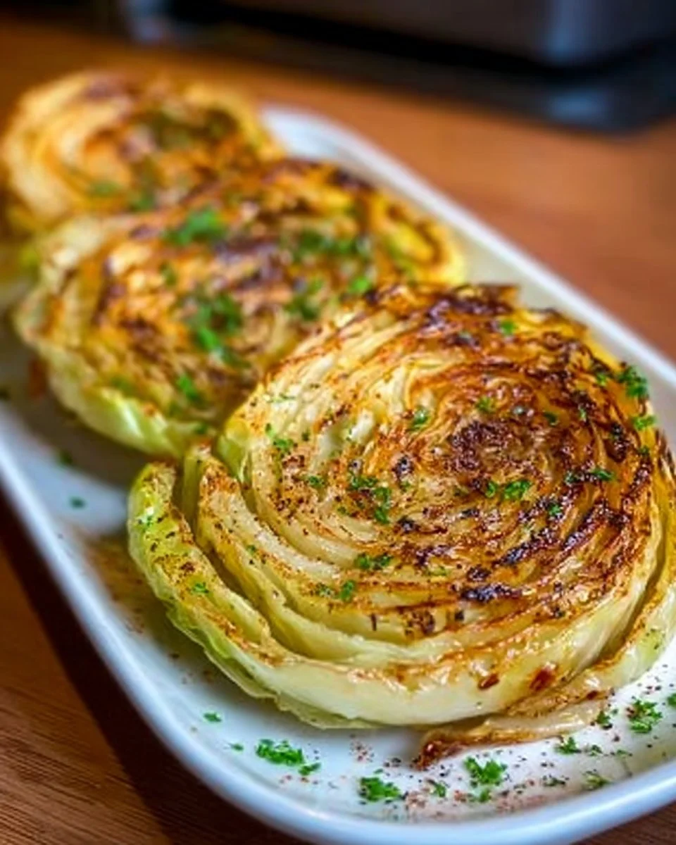 Roasted cabbage steaks served with seasoning and herbs on a plate