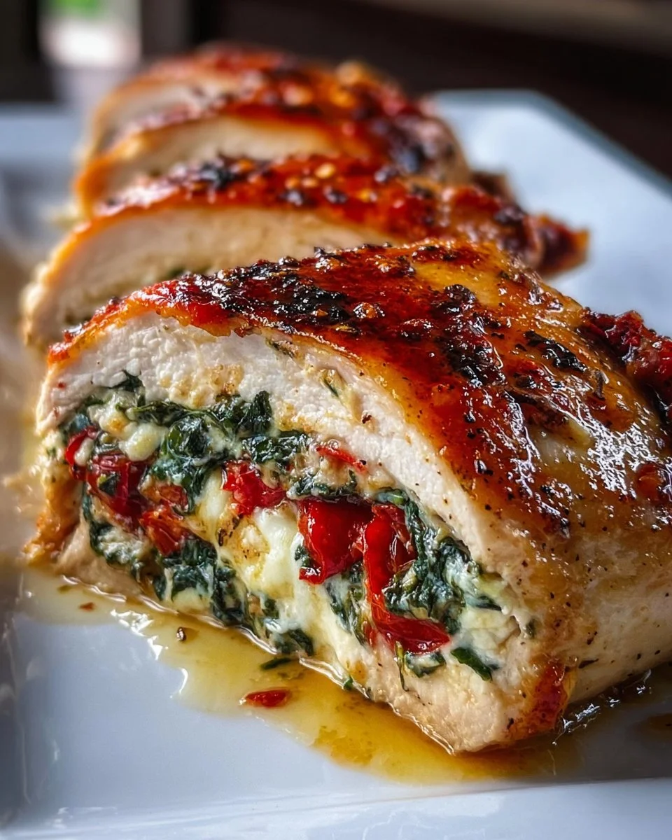 Roasted red pepper, spinach, and mozzarella stuffed chicken served on a plate