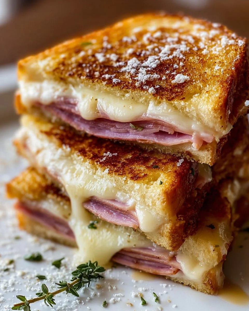 Savory Croque Monsieur with melted cheese and ham on toasted bread