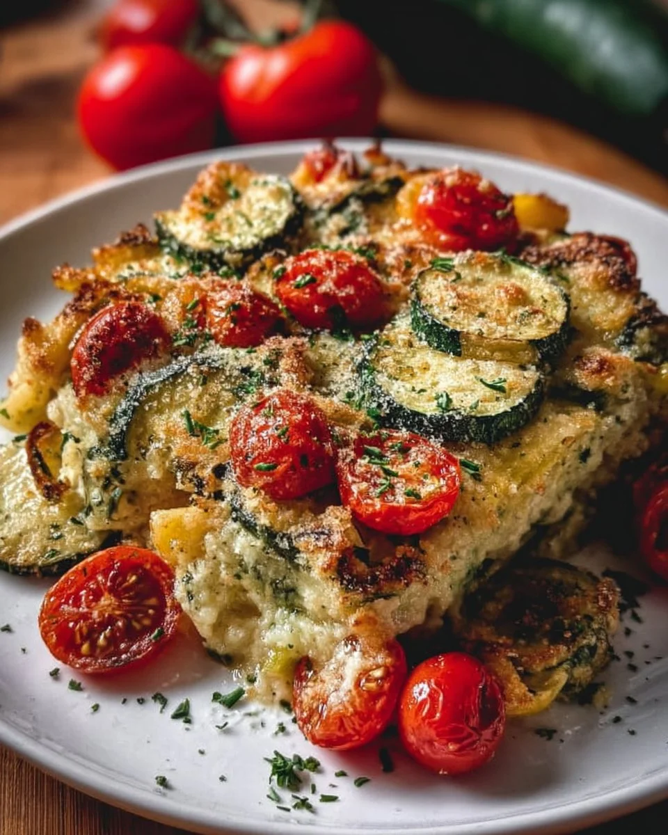 Savory garden zucchini casserole fresh from the oven