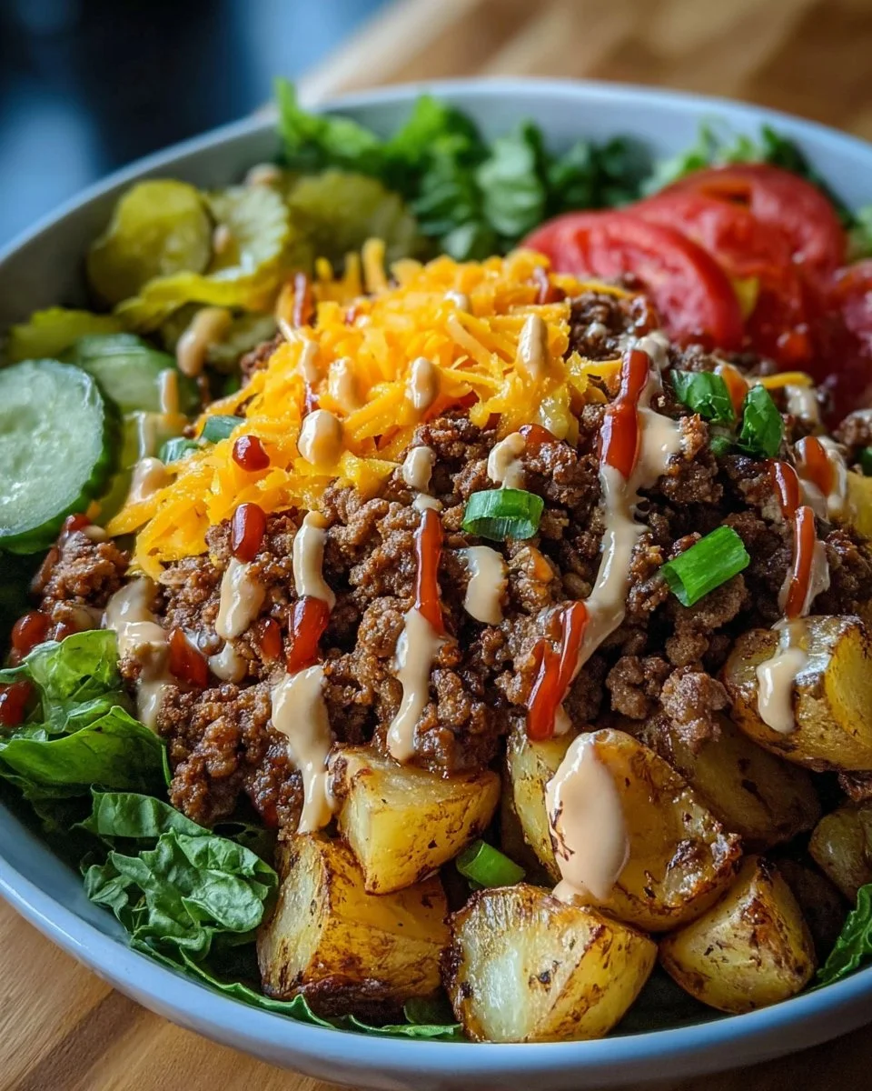 Savory Smash Burger Bowl topped with fresh ingredients and flavorful sauces