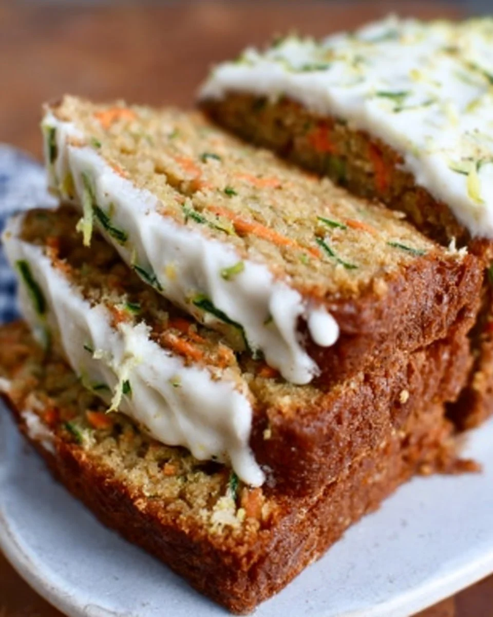 Moist Carrot Apple Zucchini Bread slices on a wooden board