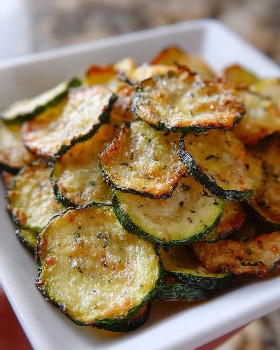 Bowl of crispy salt and vinegar zucchini chips on a wooden table