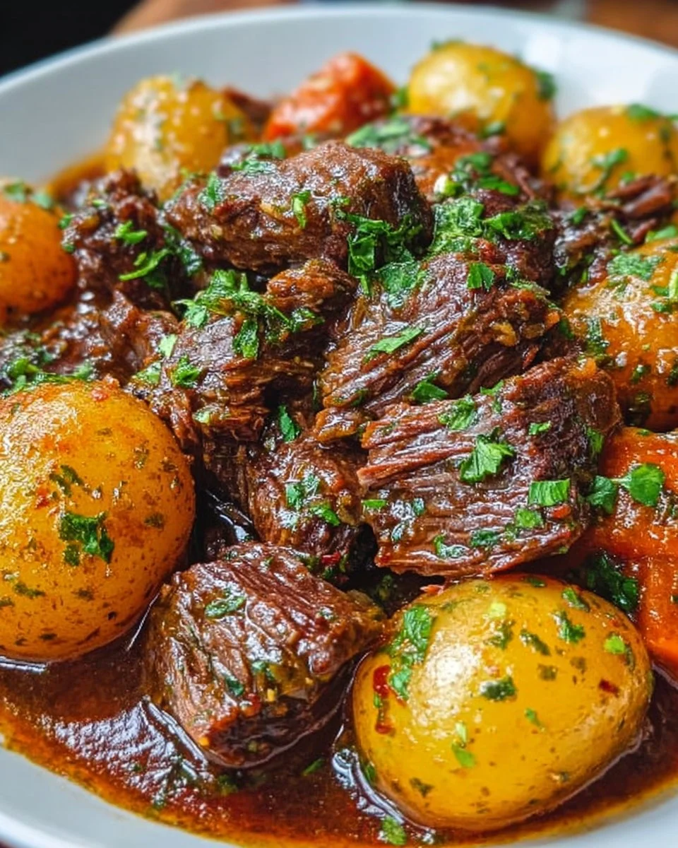 Delicious slow cooker garlic butter beef served with tender potatoes