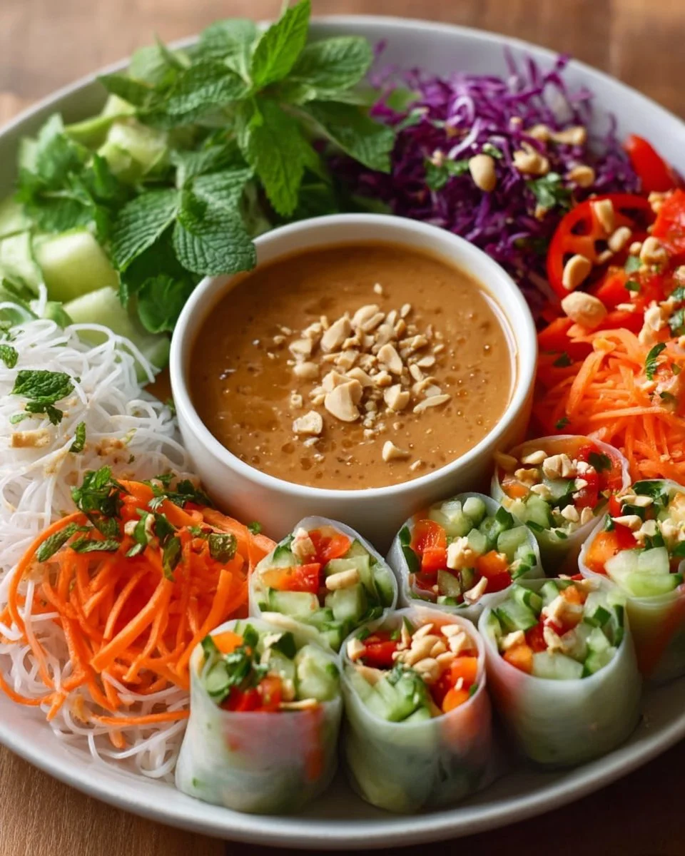 A vibrant spring roll salad topped with peanut dressing and fresh vegetables.
