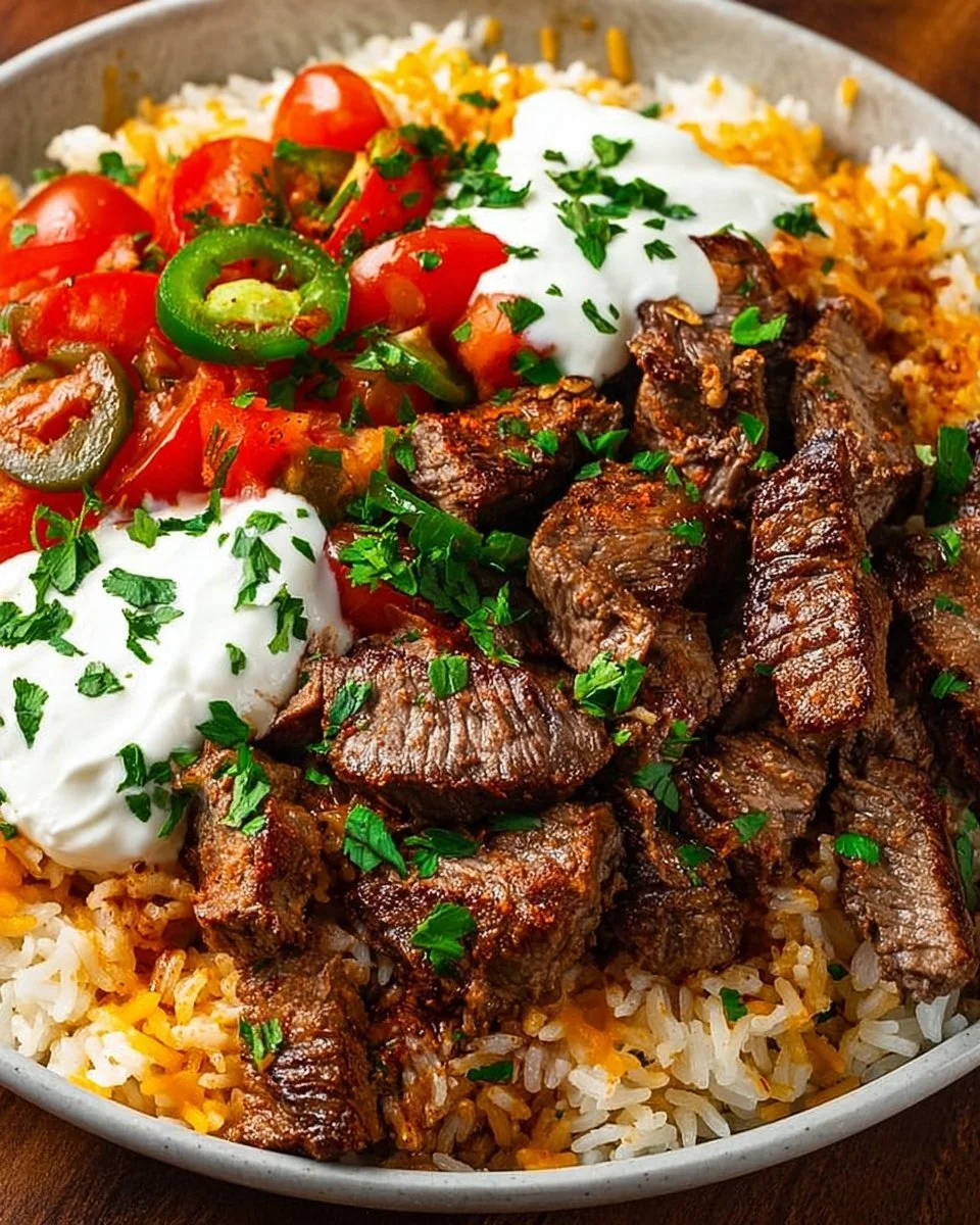A delicious bowl of Steak Queso Rice with tender steak and melted cheese