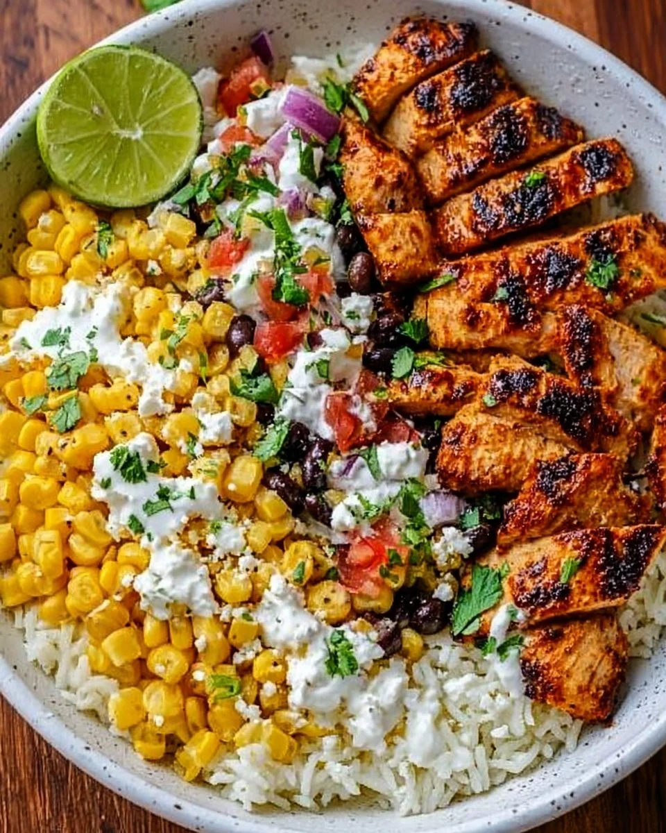 Delicious Street Corn Chicken Rice Bowl topped with fresh ingredients