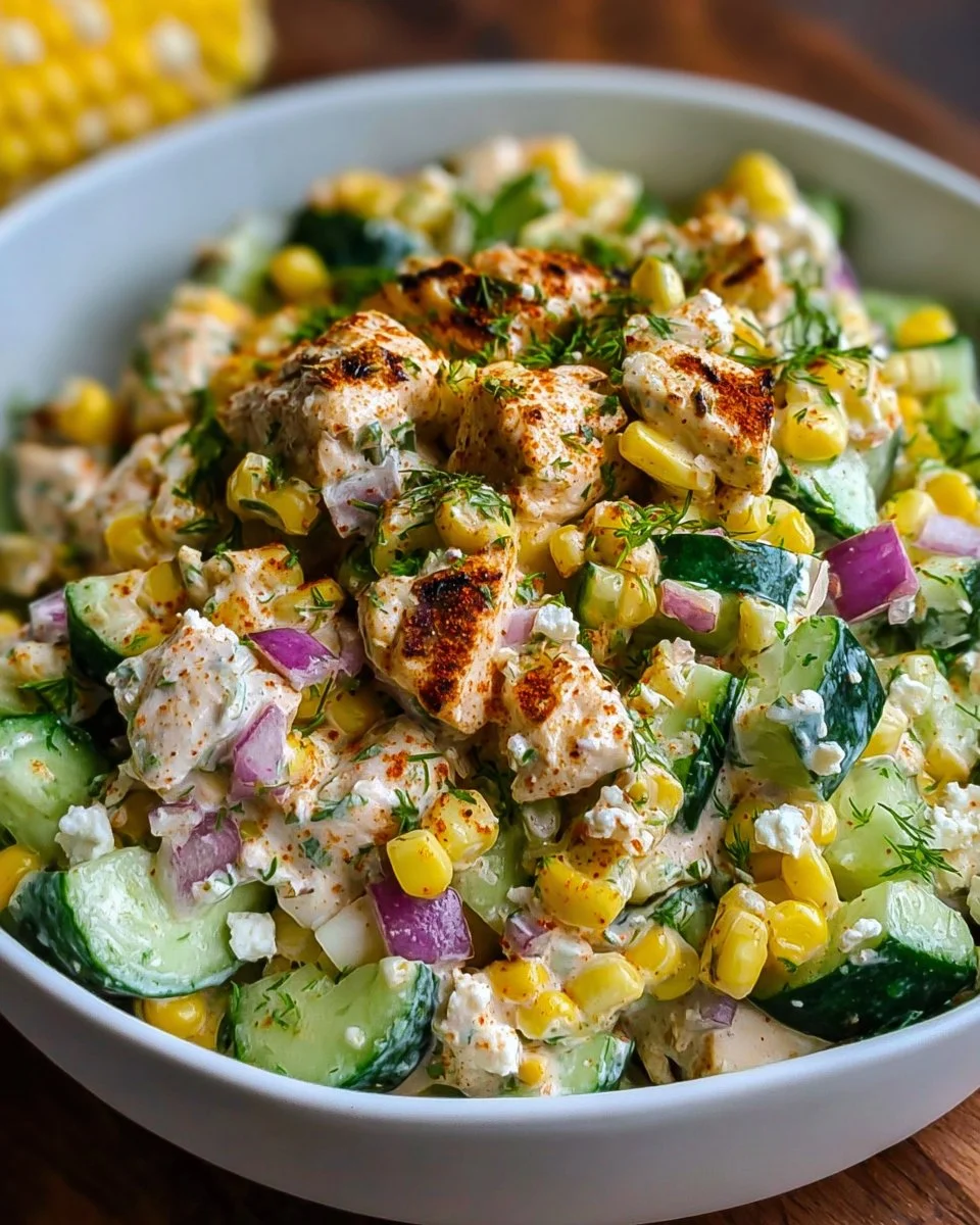 Delicious Street Corn Creamy Cucumber Chicken Salad served in a bowl