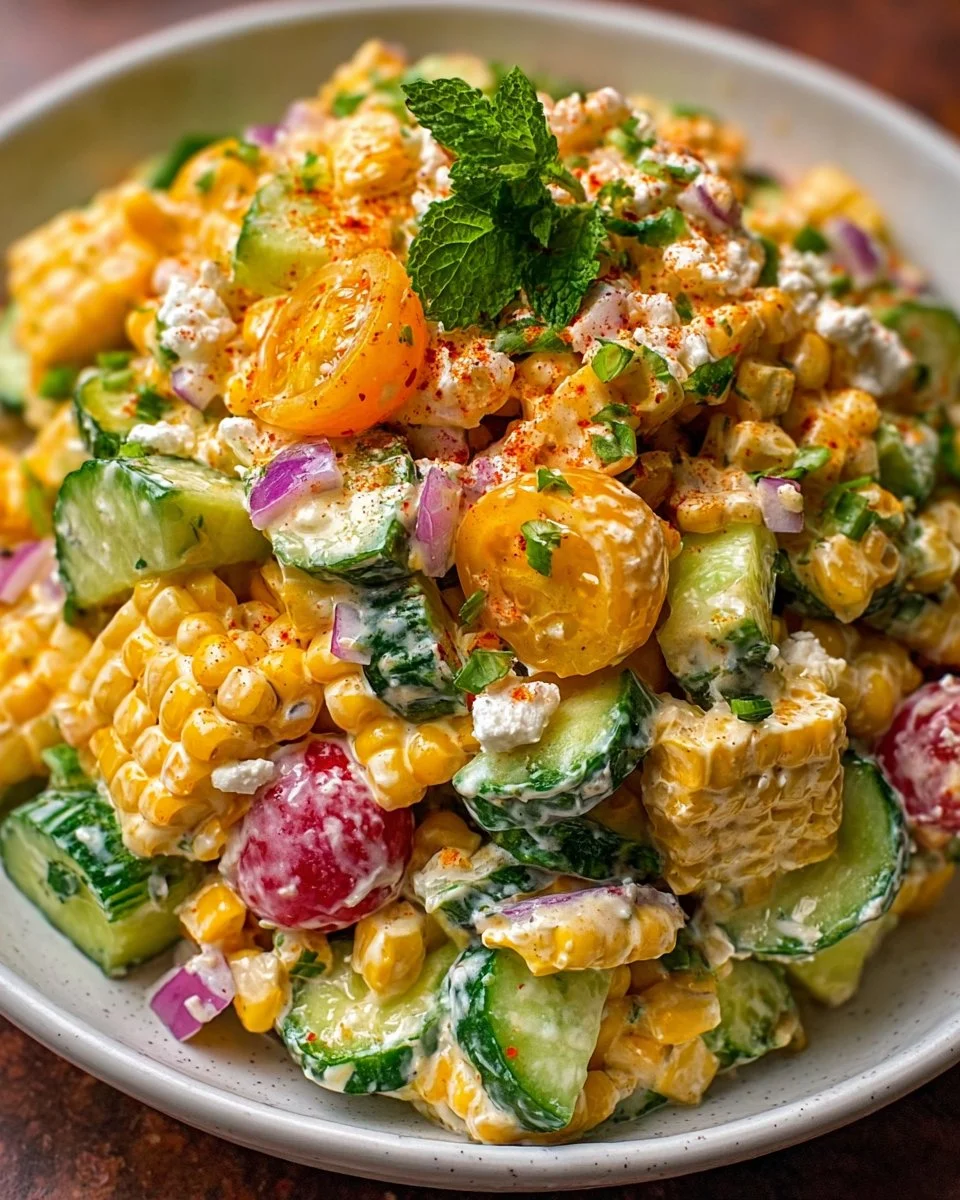 Delicious street corn salad with creamy cucumbers in a vibrant bowl