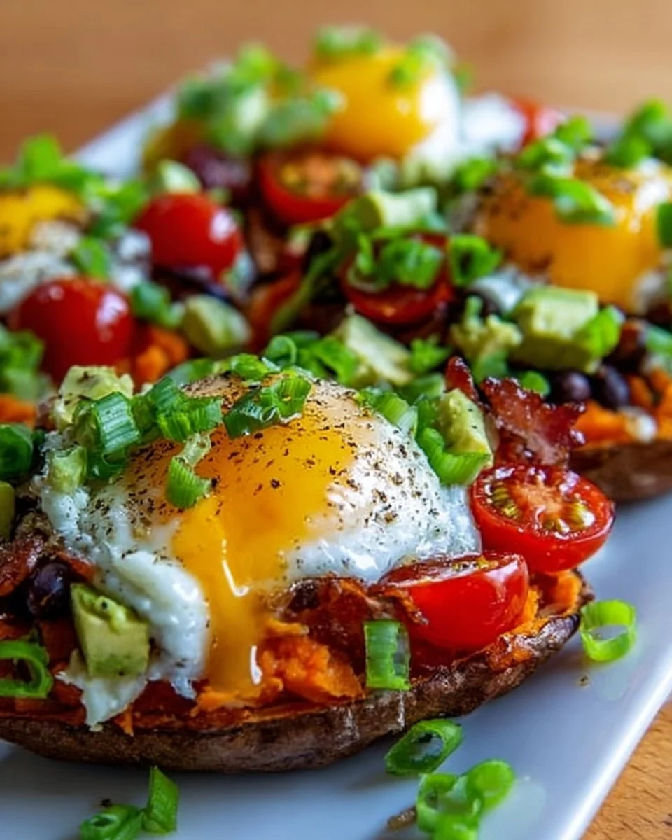 Delicious stuffed sweet potatoes filled with eggs and black beans