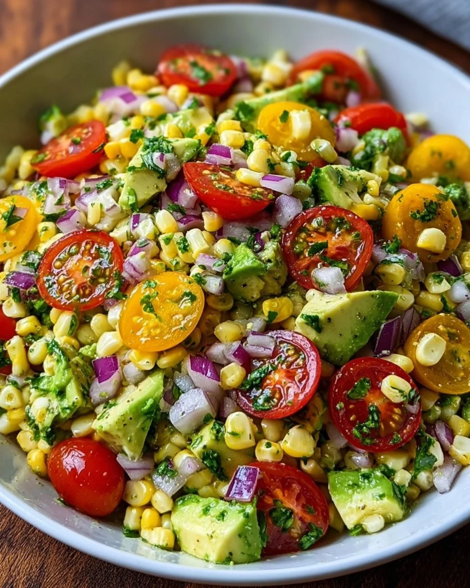 Colorful summer corn salad with fresh vegetables and herbs