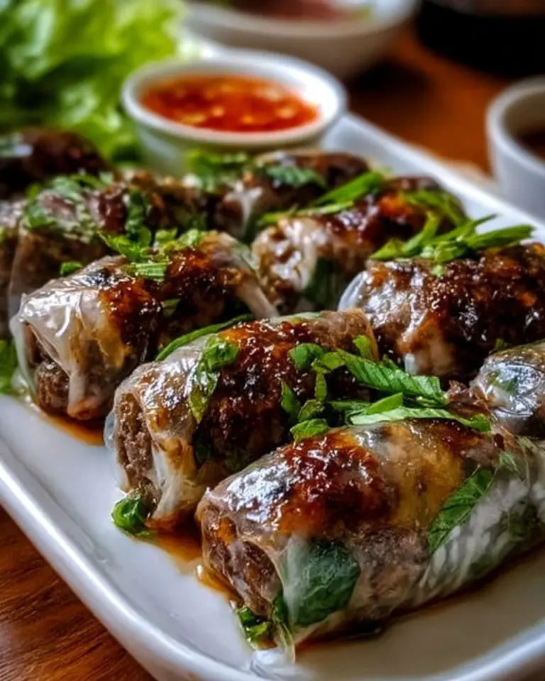 Thai Basil Beef Rolls served on a plate with fresh basil and sauces