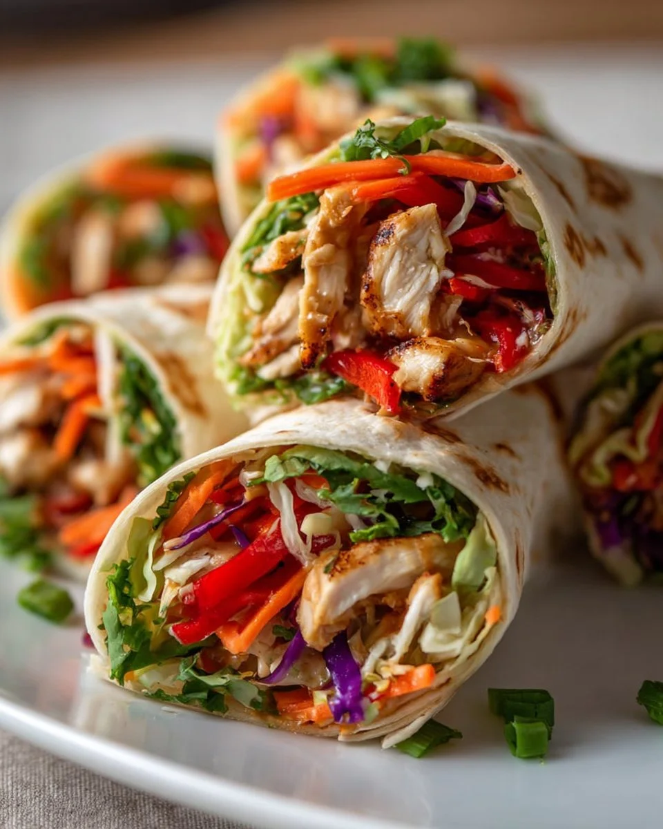 Thai Chicken Wraps filled with fresh vegetables and savory sauce