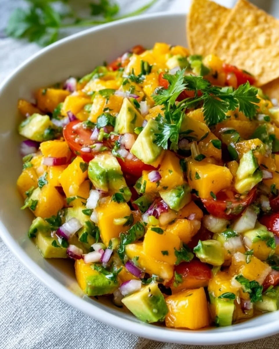 Delicious avocado peach salsa with colorful ingredients in a bowl