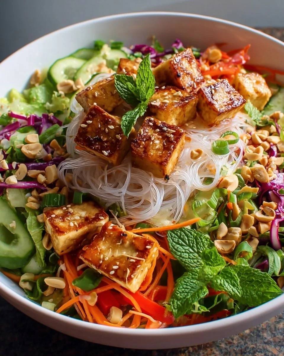 Delicious Tofu Spring Roll Salad with vibrant vegetables and herbs.