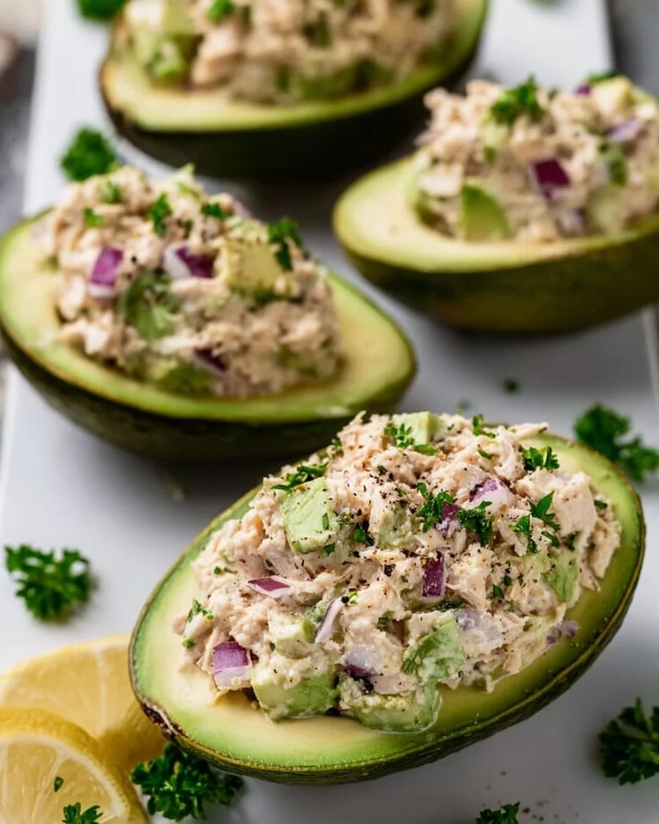 Tuna stuffed avocados served on a plate, garnished with herbs.