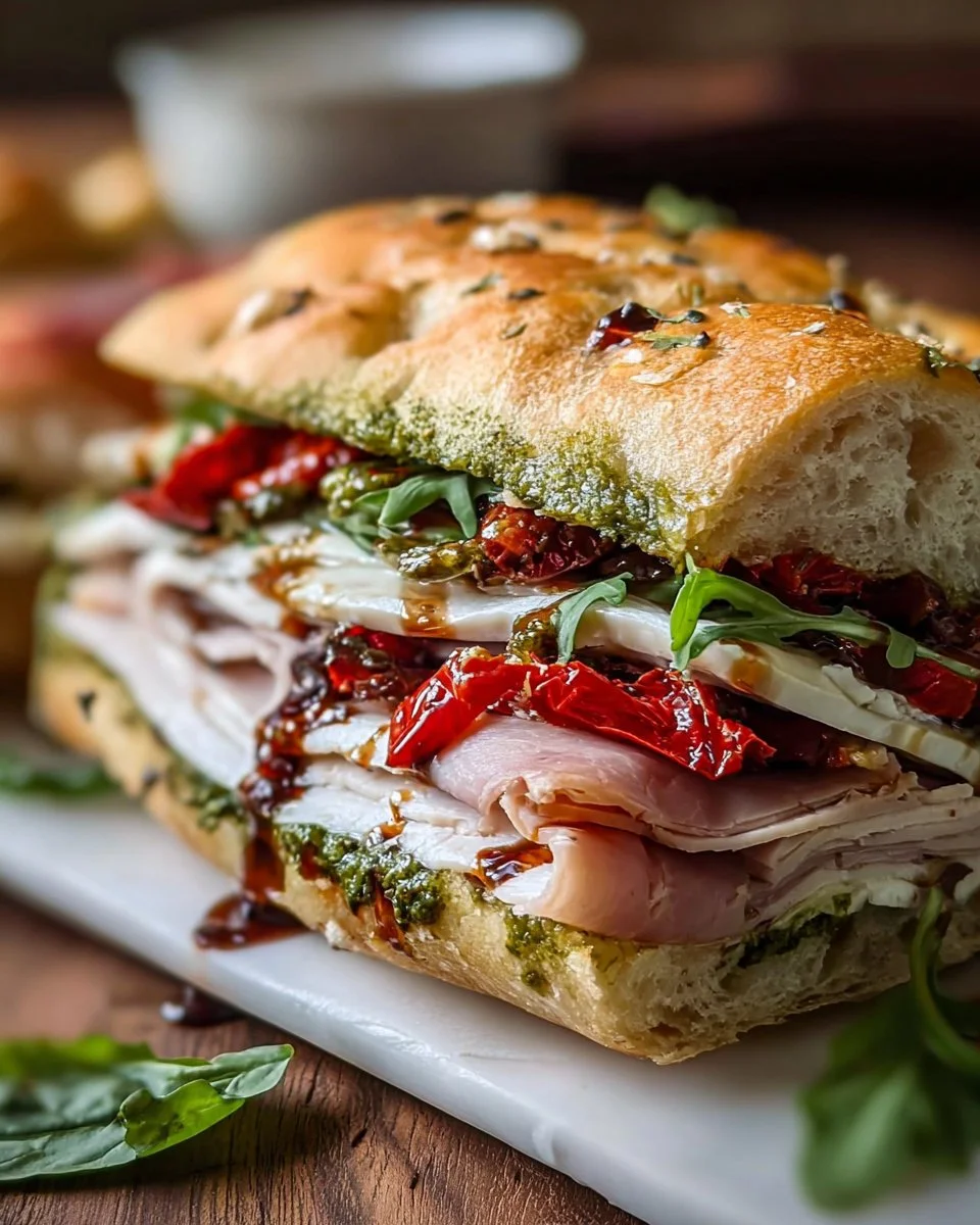 Delicious Turkey Focaccia Sandwich with fresh ingredients served on a wooden board