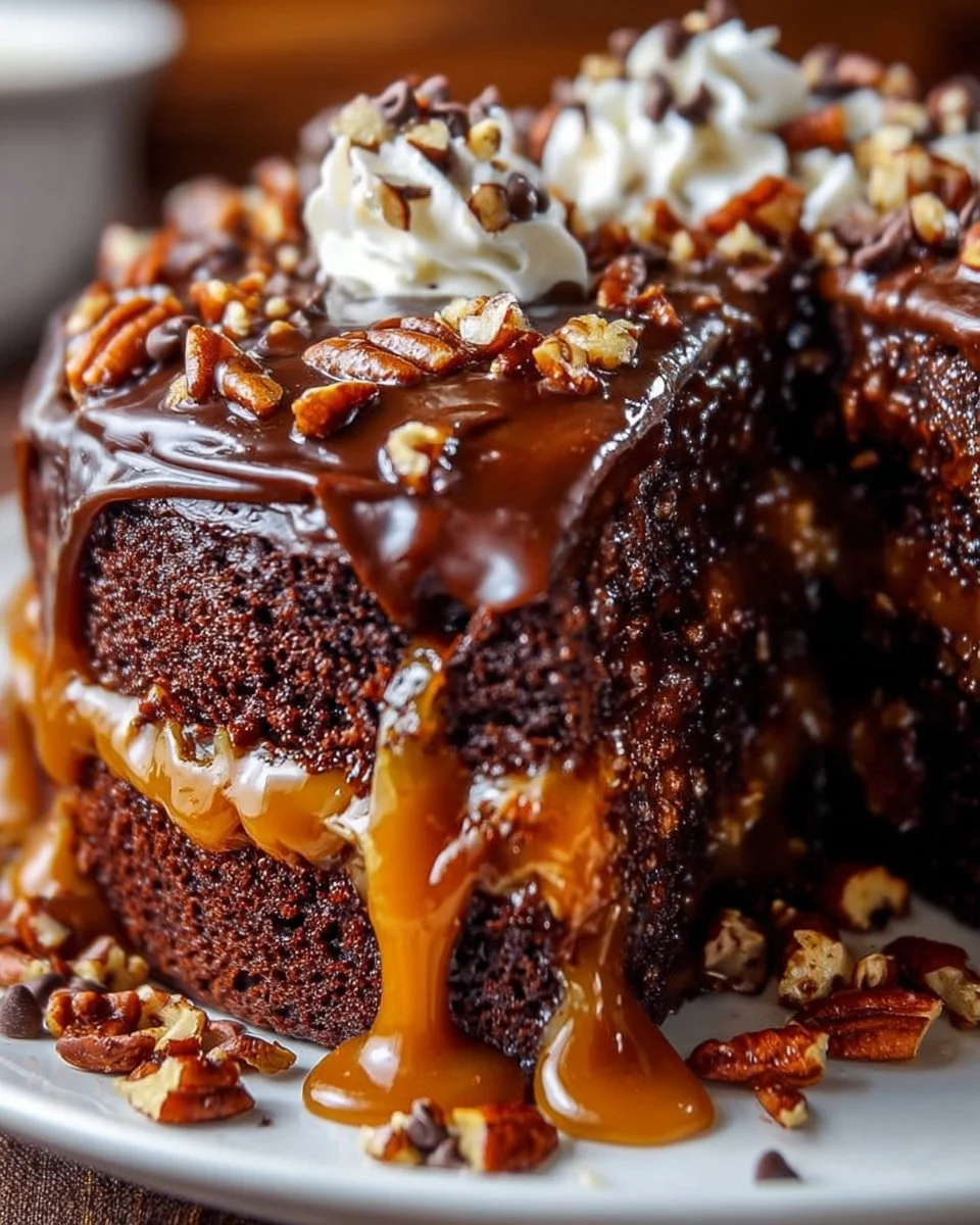 Ultimate Chocolate Turtle Cake topped with caramel and pecans