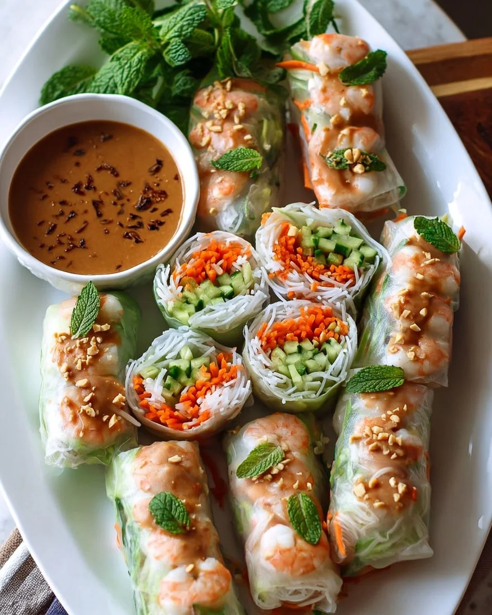 Vietnamese healthy spring rolls with creamy peanut butter sauce on a plate