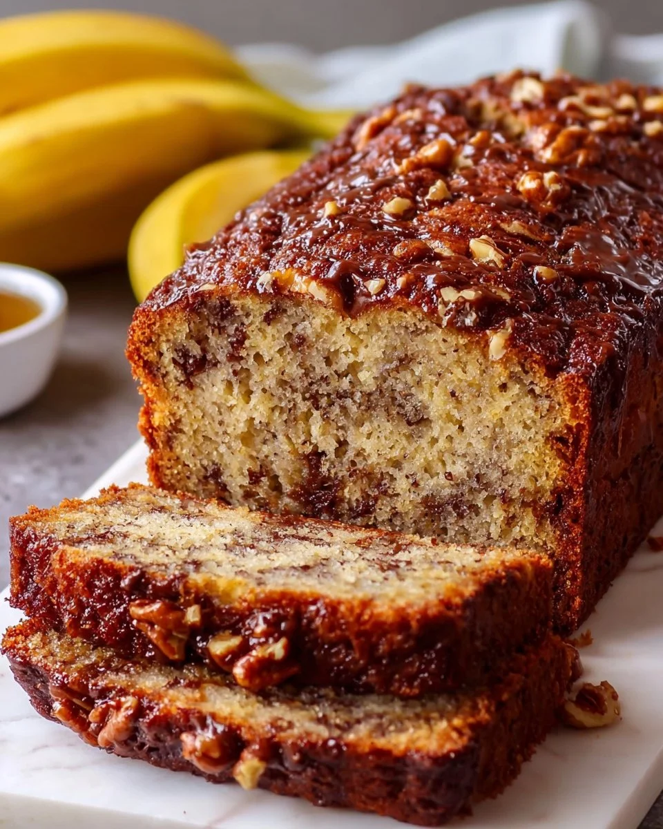 Delicious homemade weekend banana bread loaf on a wooden table.