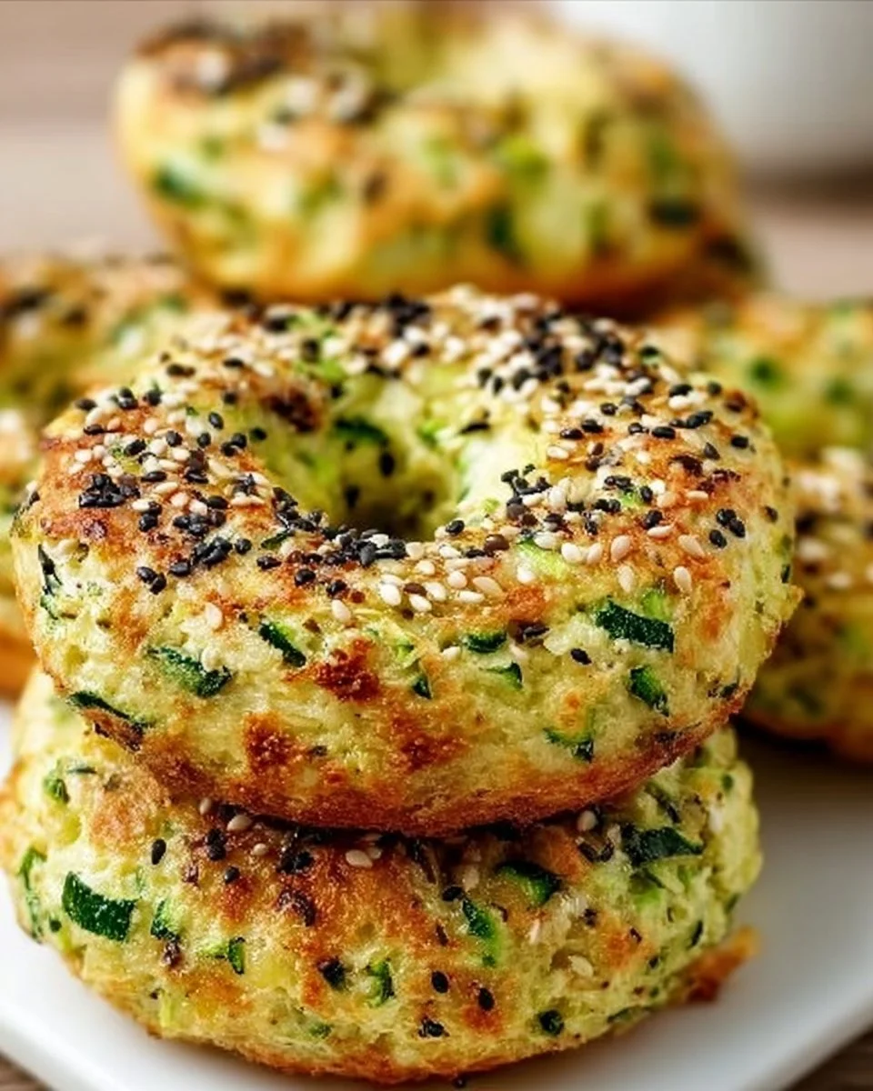 Freshly baked zucchini bagels on a rustic wooden table