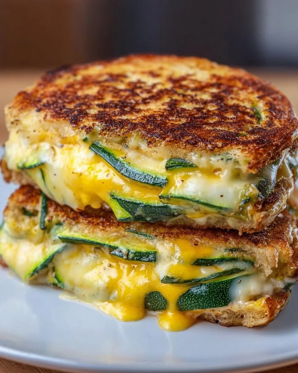 Melted zucchini grilled cheese sandwich with crispy golden bread