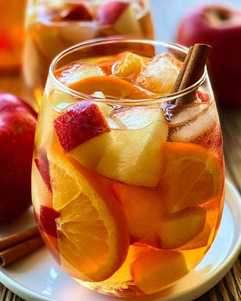 Delicious Apple Cider Sangria with seasonal fruits in a glass.