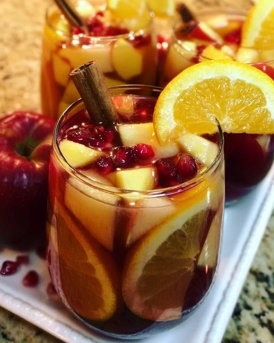 Glass of vibrant Apple Cider Sangria with fresh fruit garnishing