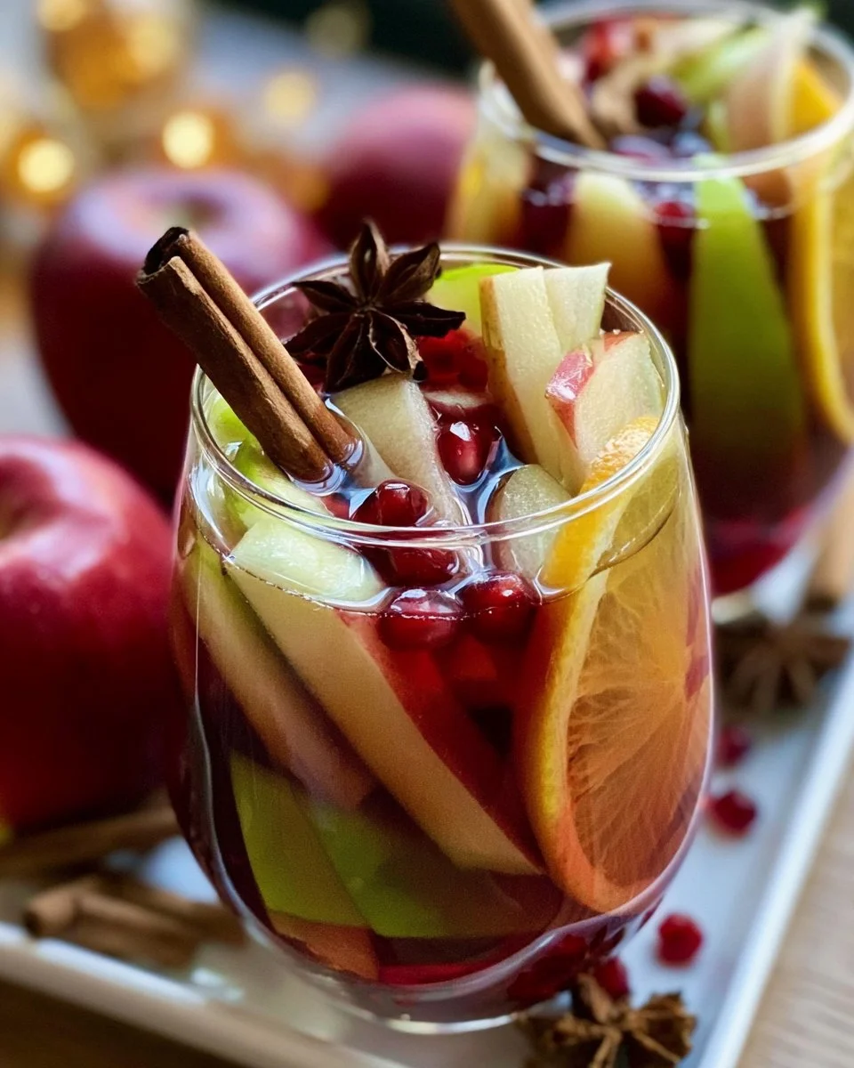 A glass of homemade autumn sangria with seasonal fruits and spices