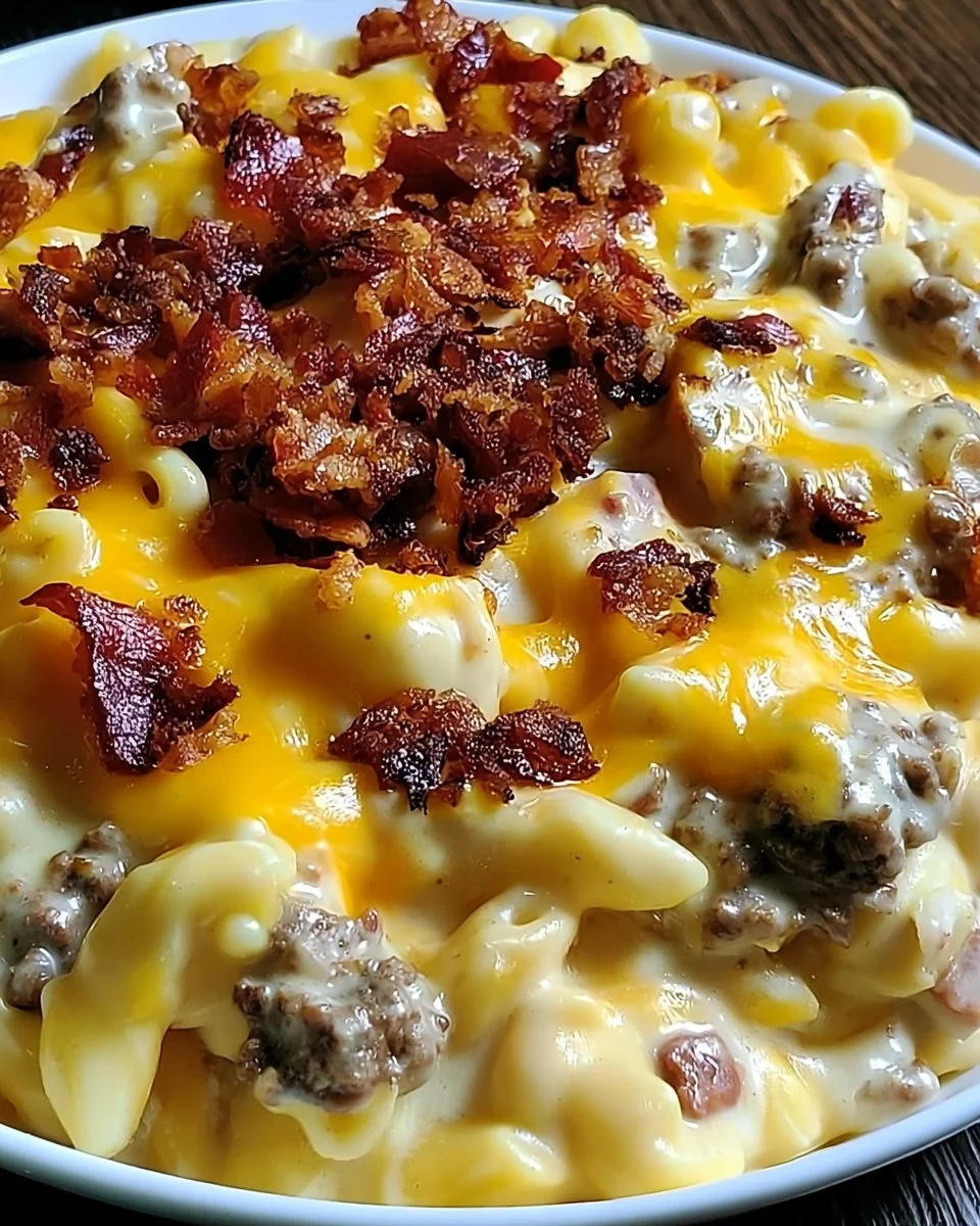 Delicious Bacon Cheeseburger Alfredo Pasta garnished with crispy bacon and cheese