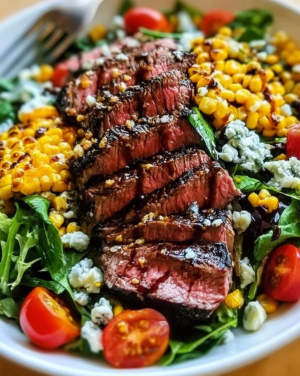 Balsamic steak gorgonzola salad with grilled corn on a plate