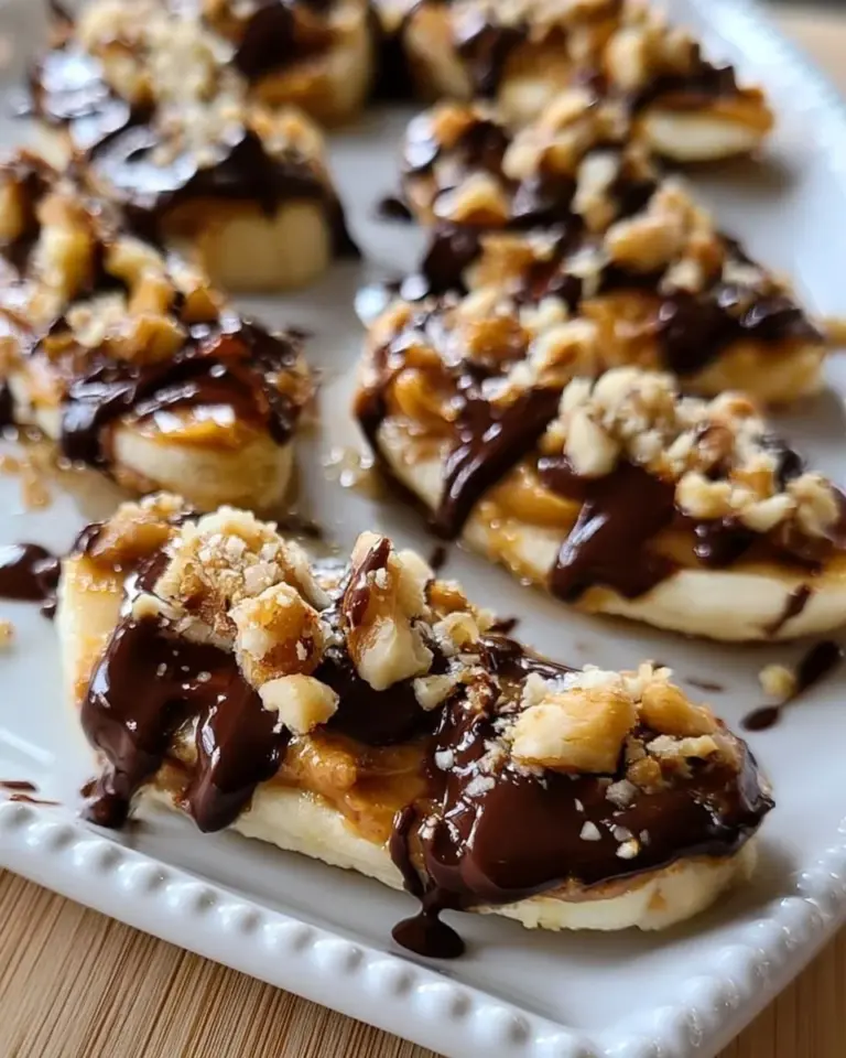 Delicious banana snack with peanut butter and chocolate drizzled on top