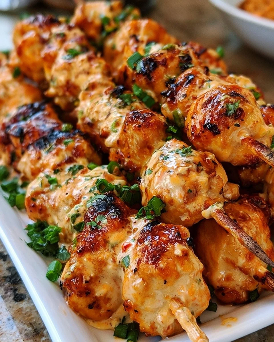 Delicious Bang Bang Chicken Skewers served on a platter with dipping sauce.