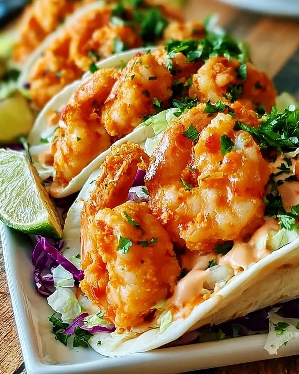 Delicious Bang Bang Shrimp Tacos topped with fresh ingredients