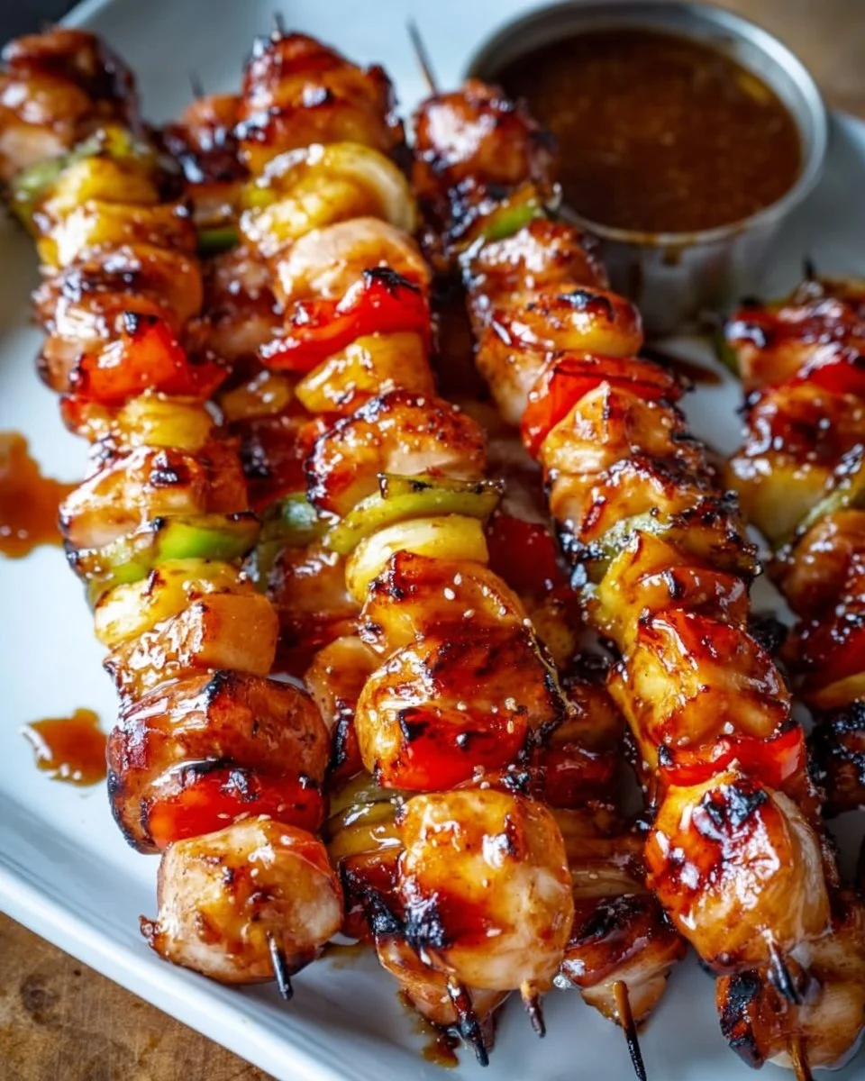 BBQ-Teriyaki Chicken Kabobs grilled with vibrant vegetables